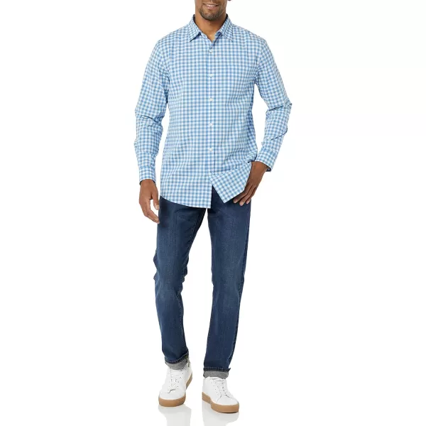 Amazon Essentials Mens LongSleeve SlimFit Stretch Poplin ShirtLight Blue White Gingham