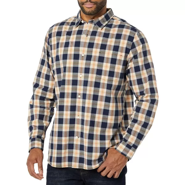 Amazon Essentials Mens LongSleeve SlimFit Stretch Poplin ShirtNavy Peach Plaid