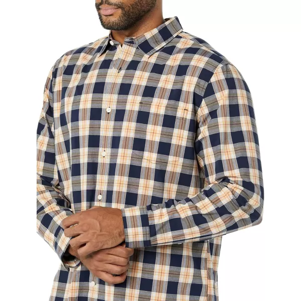 Amazon Essentials Mens LongSleeve SlimFit Stretch Poplin ShirtNavy Peach Plaid