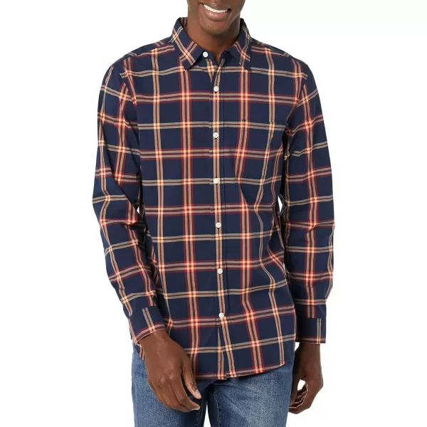 Amazon Essentials Mens LongSleeve SlimFit Stretch Poplin ShirtNavy Red Plaid