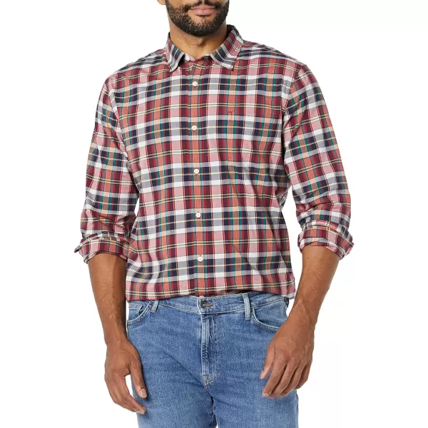 Amazon Essentials Mens LongSleeve SlimFit Stretch Poplin ShirtNavy Red White Plaid