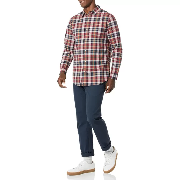 Amazon Essentials Mens LongSleeve SlimFit Stretch Poplin ShirtNavy Red White Plaid