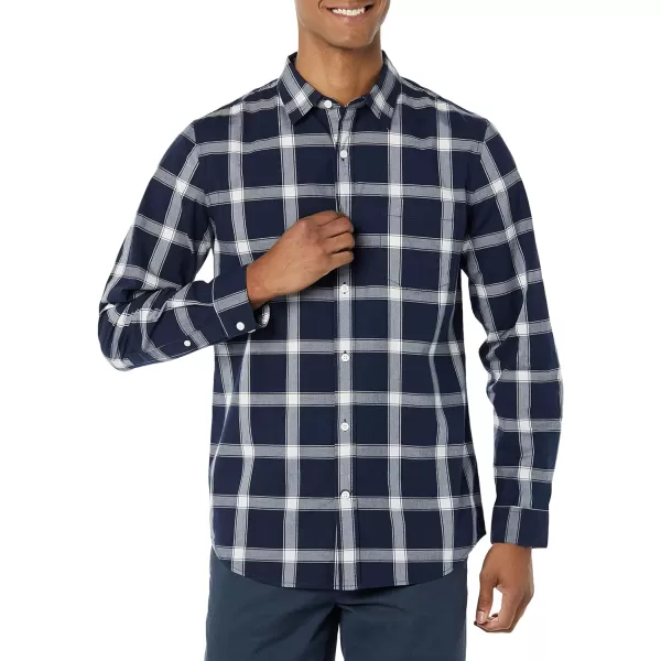 Amazon Essentials Mens LongSleeve SlimFit Stretch Poplin ShirtNavy White Buffalo Plaid