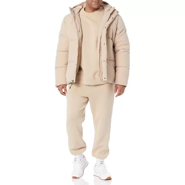 Amazon Essentials Mens Recycled Polyester MidLength Hooded Puffer Available in Big amp TallTan