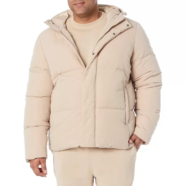 Amazon Essentials Mens Recycled Polyester MidLength Hooded Puffer Available in Big amp TallTan