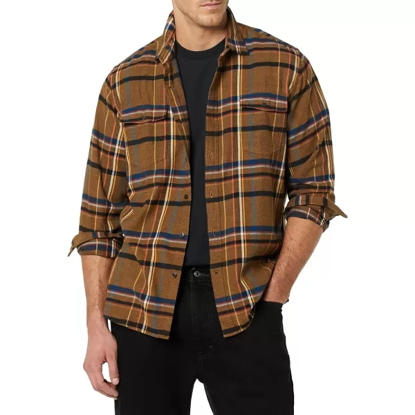 Amazon Essentials Mens RegularFit LongSleeve TwoPocket Flannel ShirtBeige Tobacco Brown Plaid