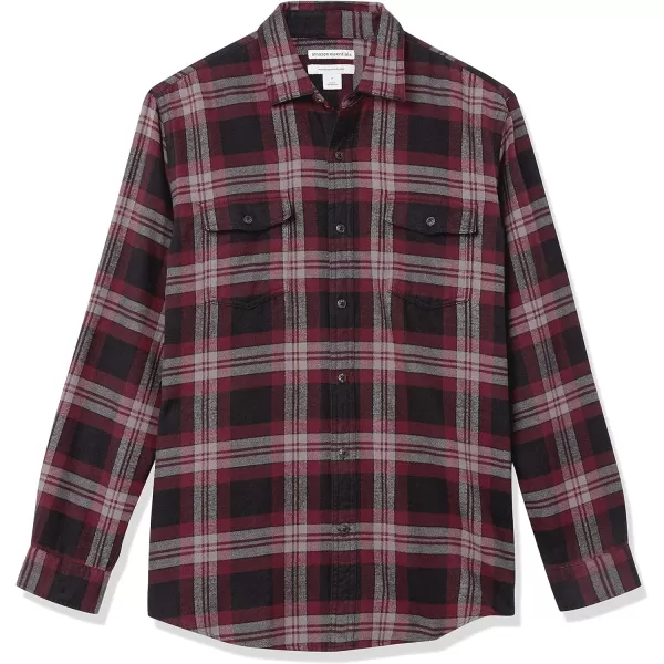 Amazon Essentials Mens RegularFit LongSleeve TwoPocket Flannel ShirtBlack Burgundy Plaid