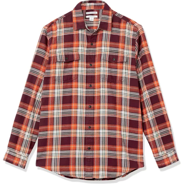 Amazon Essentials Mens RegularFit LongSleeve TwoPocket Flannel ShirtBurgundy Orange Plaid