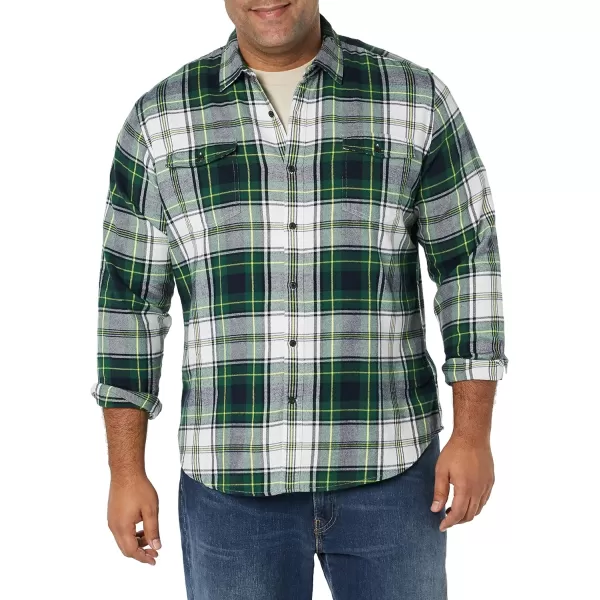 Amazon Essentials Mens RegularFit LongSleeve TwoPocket Flannel ShirtGreen White Plaid