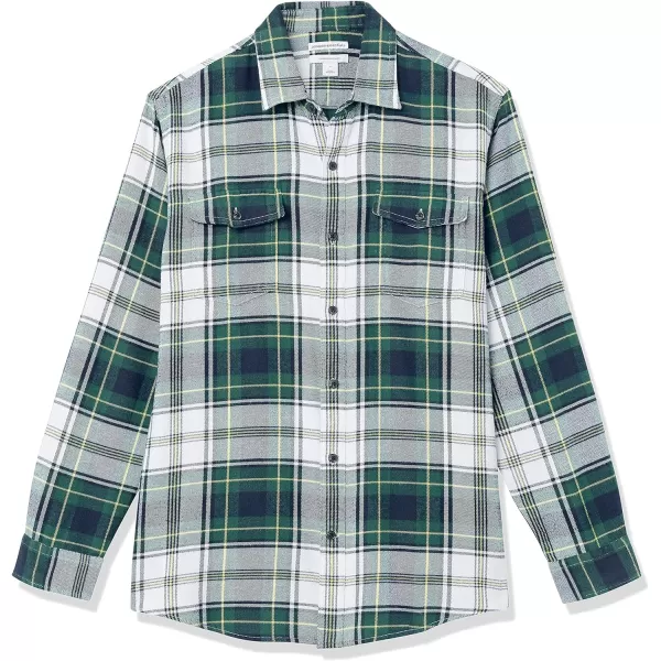 Amazon Essentials Mens RegularFit LongSleeve TwoPocket Flannel ShirtGreen White Plaid