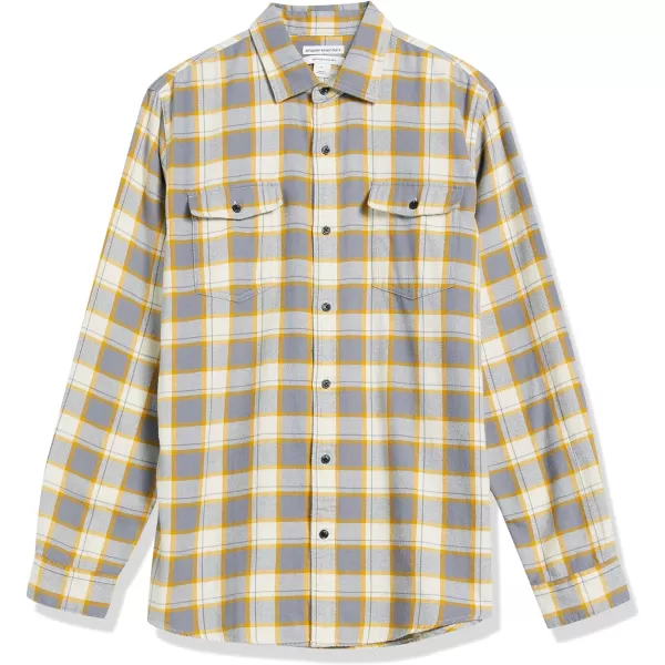 Amazon Essentials Mens RegularFit LongSleeve TwoPocket Flannel ShirtGrey Yellow Plaid