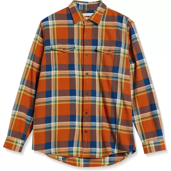 Amazon Essentials Mens RegularFit LongSleeve TwoPocket Flannel ShirtNavy Orange Plaid