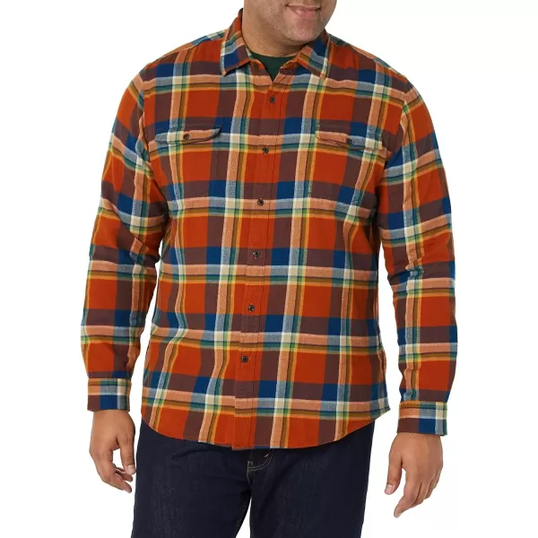 Amazon Essentials Mens RegularFit LongSleeve TwoPocket Flannel ShirtNavy Orange Plaid