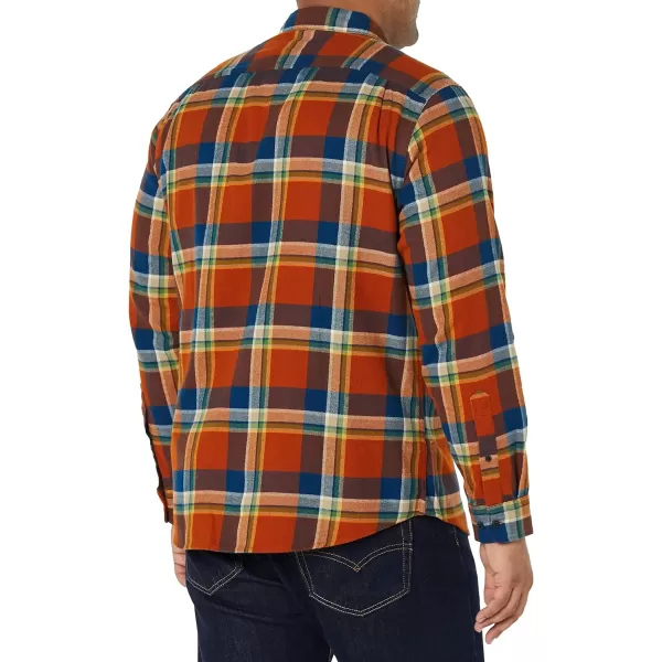 Amazon Essentials Mens RegularFit LongSleeve TwoPocket Flannel ShirtNavy Orange Plaid