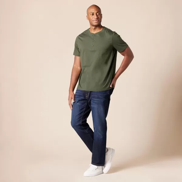 Amazon Essentials Mens RegularFit ShortSleeve Jersey Henley Pack of 2BlackDark Olive