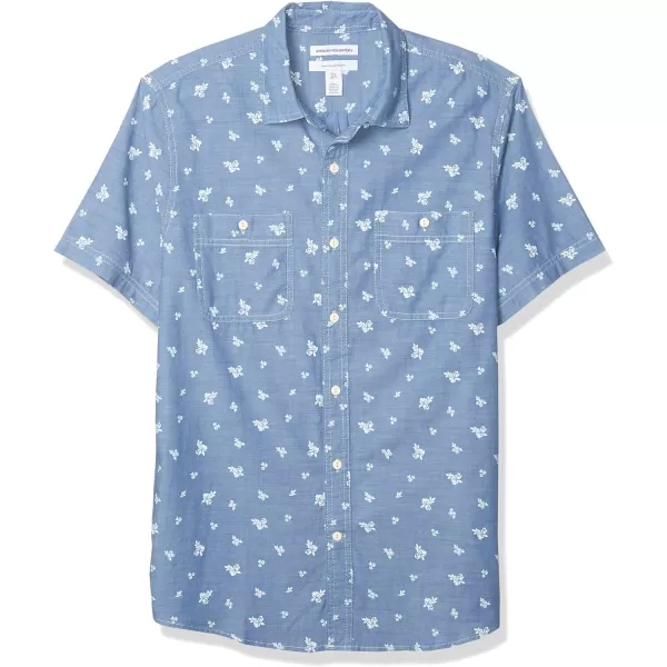 Amazon Essentials Mens RegularFit ShortSleeve Poplin ShirtBlue ChambrayLeaf Print