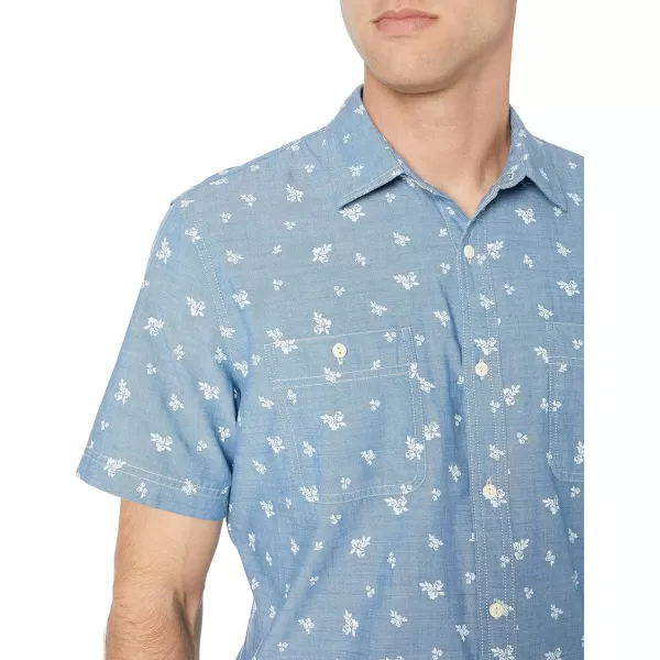 Amazon Essentials Mens RegularFit ShortSleeve Poplin ShirtBlue ChambrayLeaf Print