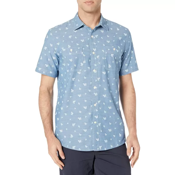 Amazon Essentials Mens RegularFit ShortSleeve Poplin ShirtBlue ChambrayLeaf Print