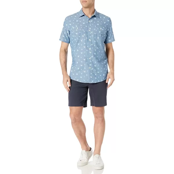 Amazon Essentials Mens RegularFit ShortSleeve Poplin ShirtBlue ChambrayLeaf Print