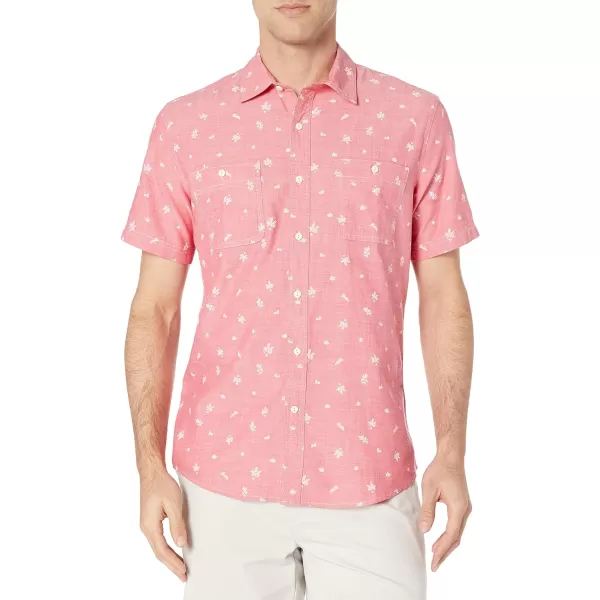 Amazon Essentials Mens RegularFit ShortSleeve Poplin ShirtRed ChambrayLeaf Print