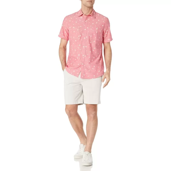 Amazon Essentials Mens RegularFit ShortSleeve Poplin ShirtRed ChambrayLeaf Print
