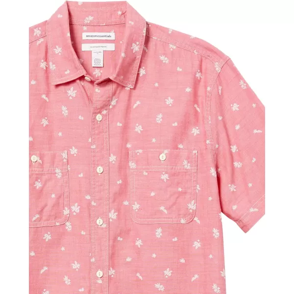 Amazon Essentials Mens RegularFit ShortSleeve Poplin ShirtRed ChambrayLeaf Print