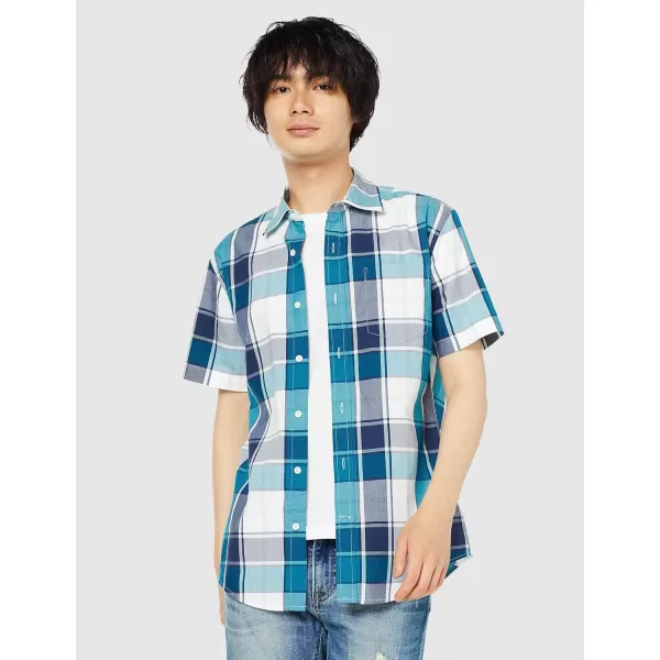 Amazon Essentials Mens RegularFit ShortSleeve Poplin ShirtRegular Fit Teal Blue White Large Plaid