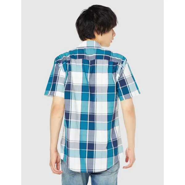 Amazon Essentials Mens RegularFit ShortSleeve Poplin ShirtRegular Fit Teal Blue White Large Plaid