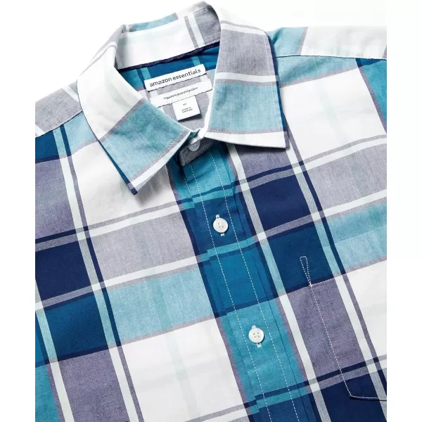 Amazon Essentials Mens RegularFit ShortSleeve Poplin ShirtRegular Fit Teal Blue White Large Plaid