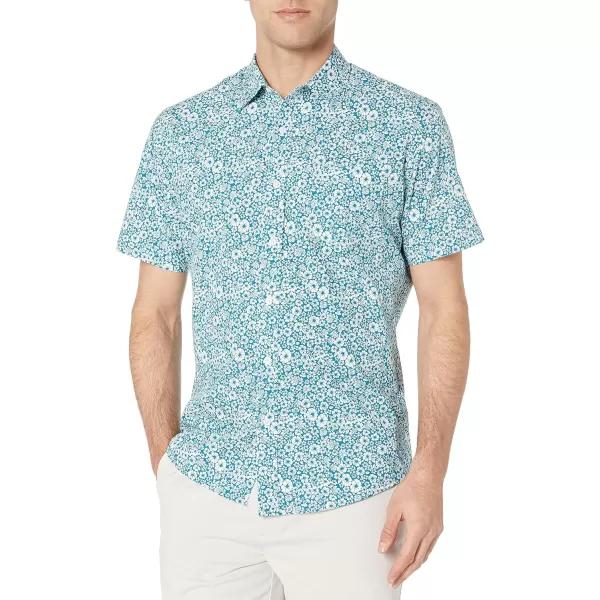 Amazon Essentials Mens RegularFit ShortSleeve Poplin ShirtTeal Blue Floral