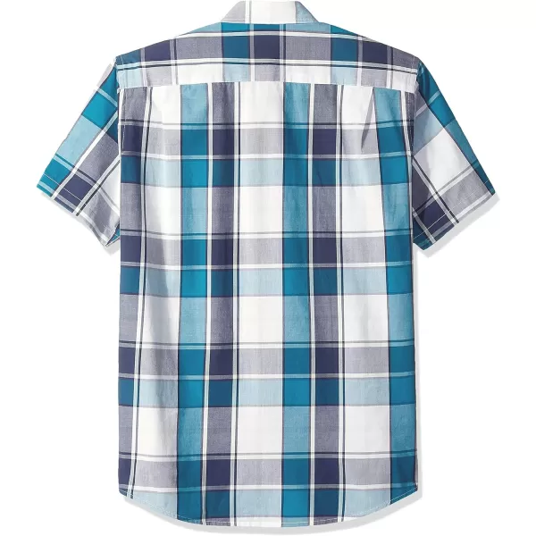 Amazon Essentials Mens RegularFit ShortSleeve Poplin ShirtTeal Blue Large Plaid