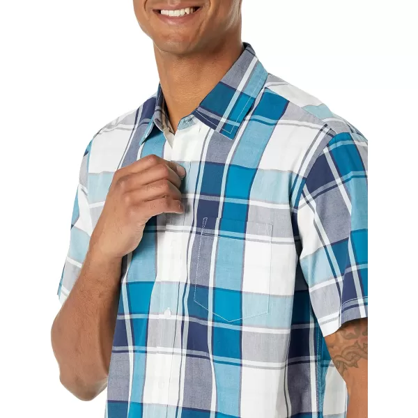 Amazon Essentials Mens RegularFit ShortSleeve Poplin ShirtTeal Blue Large Plaid