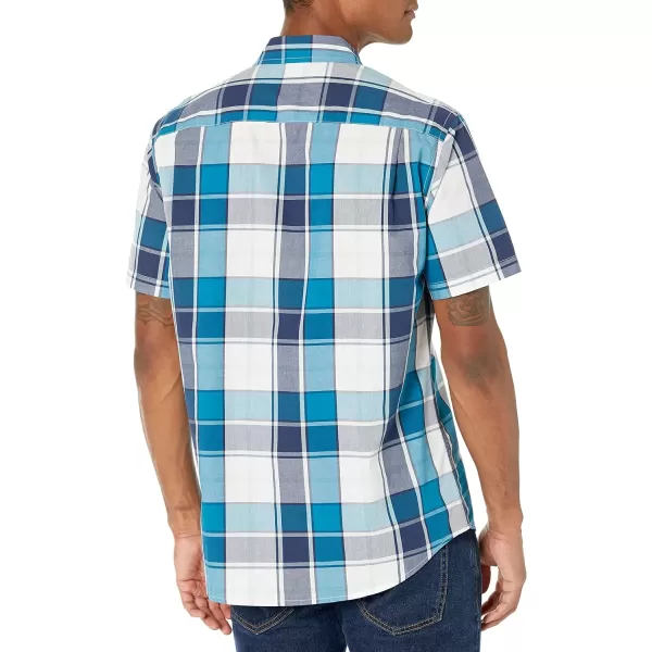 Amazon Essentials Mens RegularFit ShortSleeve Poplin ShirtTeal Blue Large Plaid