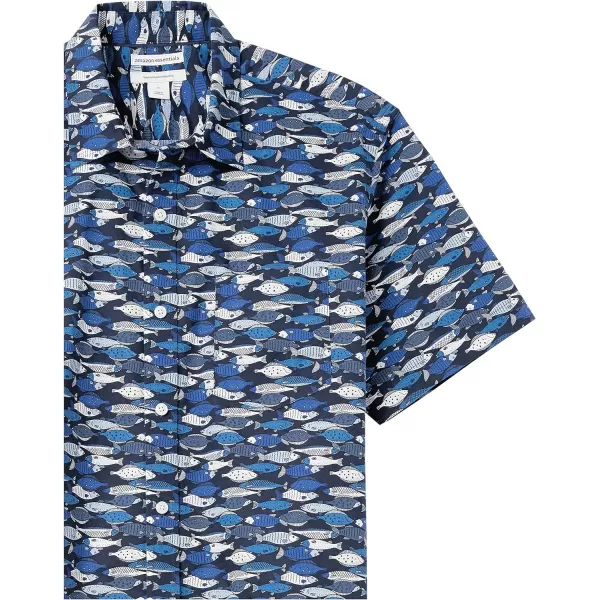 Amazon Essentials Mens RegularFit ShortSleeve Print ShirtBlue Fish