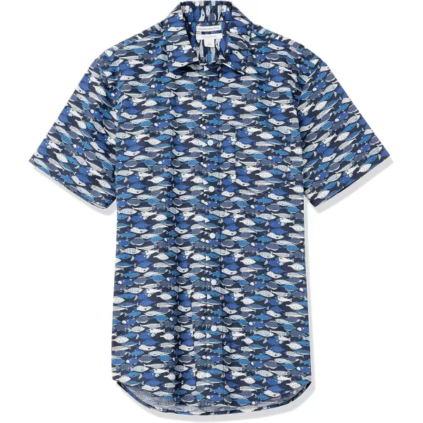 Amazon Essentials Mens RegularFit ShortSleeve Print ShirtBlue Fish