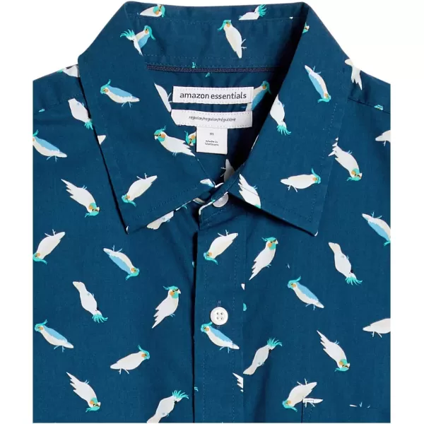 Amazon Essentials Mens RegularFit ShortSleeve Print ShirtTeal Blue Birds