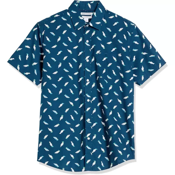 Amazon Essentials Mens RegularFit ShortSleeve Print ShirtTeal Blue Birds