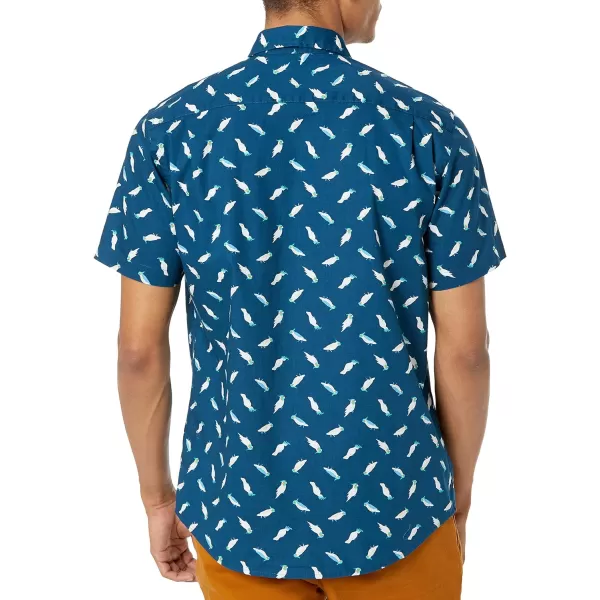 Amazon Essentials Mens RegularFit ShortSleeve Print ShirtTeal Blue Birds