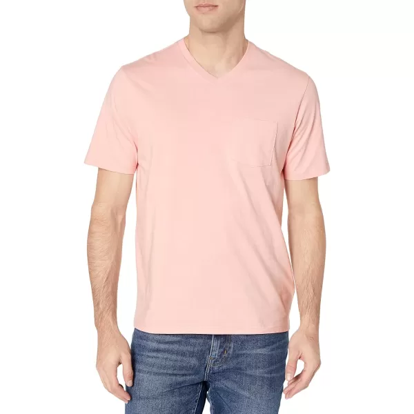 Amazon Essentials Mens RegularFit ShortSleeve VNeck Pocket TShirt Pack of 2Light PinkWhite