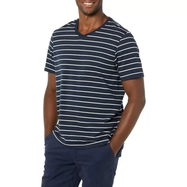 Amazon Essentials Mens RegularFit ShortSleeve VNeck TShirt Available in Big amp Tall Pack of 2Grey HeatherNavy Stripe