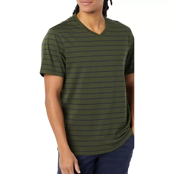 Amazon Essentials Mens RegularFit ShortSleeve VNeck TShirt Available in Big amp Tall Pack of 2NavyOliveStripe