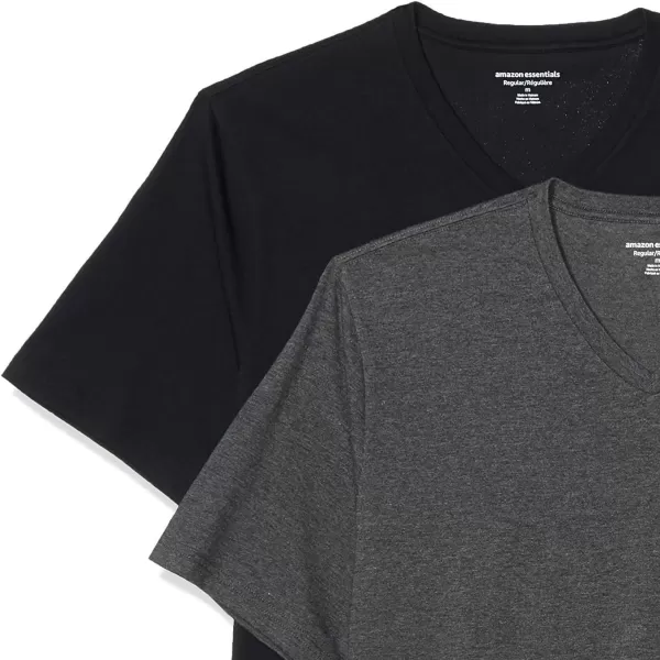 Amazon Essentials Mens RegularFit ShortSleeve VNeck TShirt Pack of 2BlackCharcoal Heather
