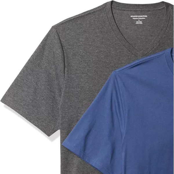 Amazon Essentials Mens RegularFit ShortSleeve VNeck TShirt Pack of 2BlueCharcoal Heather