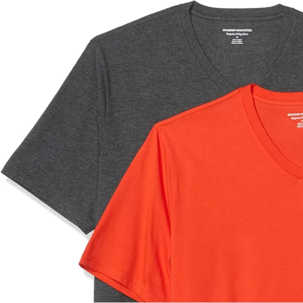 Amazon Essentials Mens RegularFit ShortSleeve VNeck TShirt Pack of 2Bright OrangeCharcoal Heather