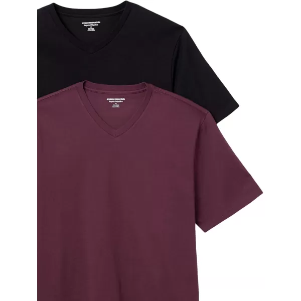 Amazon Essentials Mens RegularFit ShortSleeve VNeck TShirt Pack of 2BurgundyBlack