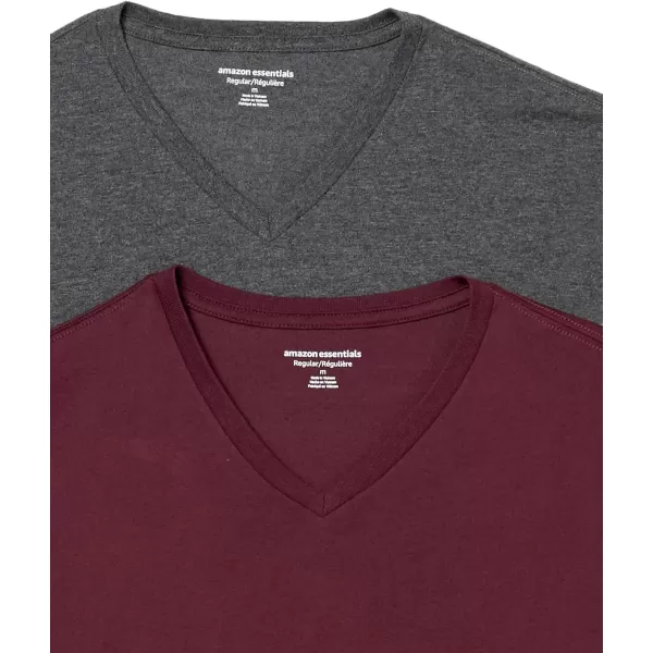 Amazon Essentials Mens RegularFit ShortSleeve VNeck TShirt Pack of 2Charcoal HeatherBurgundy