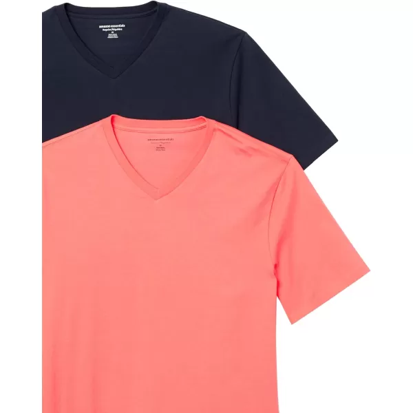 Amazon Essentials Mens RegularFit ShortSleeve VNeck TShirt Pack of 2Coral PinkDark Navy