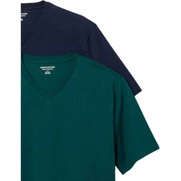 Amazon Essentials Mens RegularFit ShortSleeve VNeck TShirt Pack of 2Dark GreenDark Navy