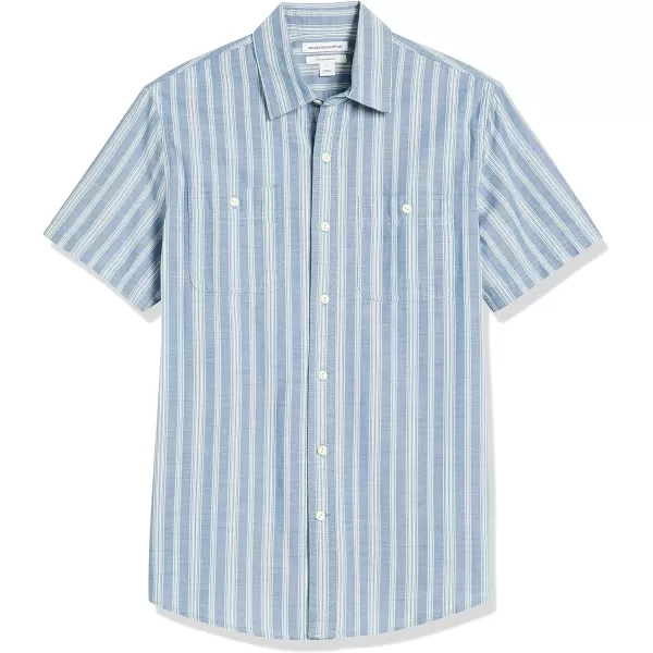 Amazon Essentials Mens ShortSleeve Chambray ShirtBlue Vertical Stripe