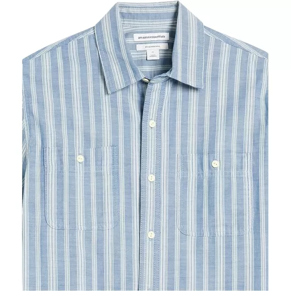 Amazon Essentials Mens ShortSleeve Chambray ShirtBlue Vertical Stripe